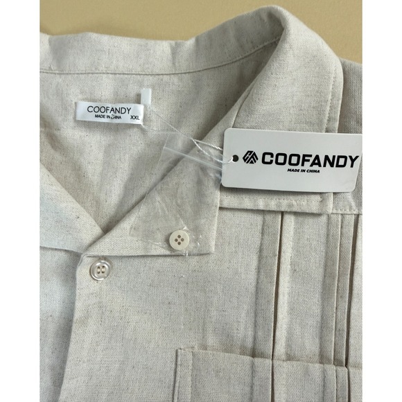 NWT COOFANDY Men's XXL Guayabera Shirt Tan Linen Blend Short Sleeve Cuban Beach - Picture 4 of 11